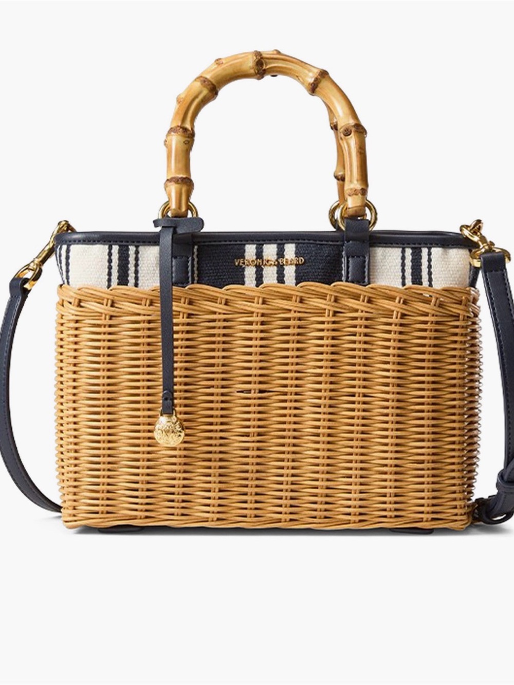 Veronica Beard Tan Wicker Tote with Navy Trim & Bamboo Handles